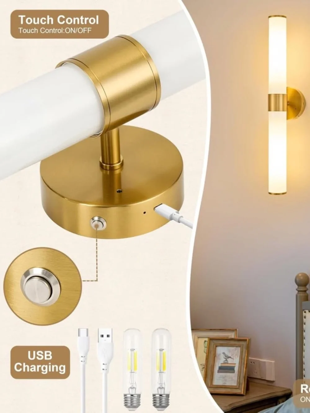 Gold Battery Operated Wall Sconces Set of 2 with White Glass Lamp Shade